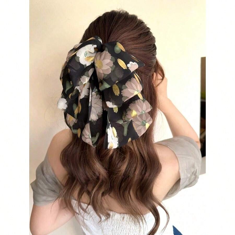 1pc Women's Romantic Floral Bowknot Hair Clip With Gold Foil Elegant And Sweet Hair Accessory For Large Quantity Hair Valentine's Day Hair Claws Claw Clips Hair Clips Hair Jaw Clip Hair Clamps Hair Clutch Hair Catcher Clip Bow Accessories School Stuff College Fall Winter Flower Hair Accessories For Women For Vacation Outfits Woman - 彩色 - 查看 1
