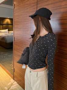 Women's Fitted Long Sleeve Ditsy Floral Henley Neck Knit Undershirt - Grey - View 3