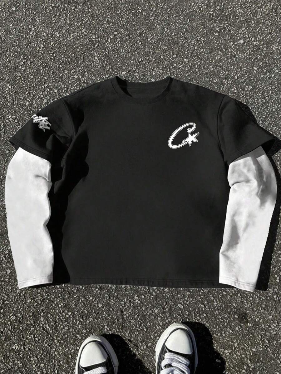 Men's Black & White Patchwork American Letter Graphic Print Round Neck Long Sleeve 2 In 1 T-Shirt, Casual, Streetwear, Commuter - Multicolor - View 1