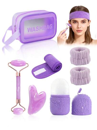 Juego de 3/4/7 piezas de herramientas de masaje facial, que incluye molde de rodillo de paquete de hielo morado, bandeja de hielo, juego de rodillo de tabla Gua Sha, diadema, muñequera, bolsa de almacenamiento conveniente, bolsa de cosméticos y bolsa de aseo. Este juego de herramientas de belleza para el hogar es adecuado para el cuidado facial, el levantamiento y la firmeza, el masaje diario y el cuidado de la piel. Ideal como regalo para estudiantes, mujeres, madres y hermanas.