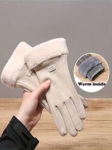 2 Pair Women's Plush Lined Thermal Cycling Gloves - Fur Cuff Touchscreen Gloves, Windproof & Water-Resistant For Winter Commuting, Skiing & Dog Walking - 黑色+米色 - 查看 5