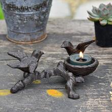 DSungmor Vintage Cast Iron Tealight Candle Holder Lovely And Beautiful Birds Nest Design Unique Tabletop Shelf Home Decor Pieces Small Birds Statue Candle Holders Coffee Table Centerpieces Decor - 鄉村棕色 - 查看 2