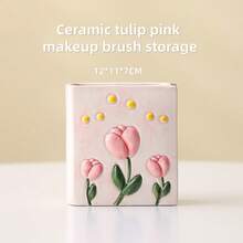 花朵造型笔筒化妆刷收纳罐陶瓷桌面可爱文具收纳架，适合女孩、办公室、学生使用 - 彩色 - 查看 7