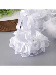 1个优雅白色蕾丝婚礼花篮，带蝴蝶结 - 便携式仪式装饰、新娘礼物、派对用品、手工饰品、婚礼配饰，非常适合婚礼季、情人节婚礼花篮