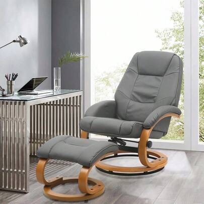 1PC Manual Recliner Chair With Footstool, Office Desk Chair, PU Leather Leisure Lounge Chair With Adjustable Backrest, Swivel Recliner Sofa Chair Upholstered Armchair, Lazy Sofa, Relaxing Reading Chair With Solid Wood Base For Living Room Bedroom Office Reception (Beige)