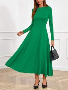 Women Fall Dresses Boat Neck Long Sleeve High Waist A-Line Flowy Knit Party Maxi Dress Spring Autumn Evening Formal Wedding Party Valentine Long Dress Outfits - 綠色 - 查看 2