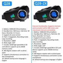 Q28/Q28 2X 摩托车头盔，配备蓝牙无线耳机，内置 1080P 无线摄像头录像机，120° 广角镜头，支持高清视频/照片拍摄，头盔主体 360° 可调节，蓝牙 5.3 无线连接，内置 1500mAh 电池，IP66 防水防雨，智能降噪技术，内置 32GB TF 存储卡 - 2 in 1 mic - 查看 9