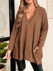 Áo len thời trang cỡ lớn dành cho nữ, thích hợp cho Giáng sinh và Ngày lễ tình nhân, áo len dài cổ chữ V màu trơn đa năng có túi, kiểu dáng cơ bản, thích hợp mặc mùa thu, mùa tựu trường, phong cách thường ngày, dự tiệc Giáng sinh. - màu nâu - Xem 5