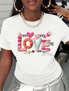 Love Knit Style Graphic T Shirt Women Fashion Casual Top With Heart And Arrow Design White Crew Neck Short Sleeve Shirt - trắng - Xem 2