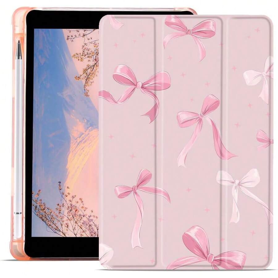 Pink Ribbon Bow Pro 13 Inch M4(2024) 7th Garation With Pcil Holder Trifold Stand Pink Leather Aesthetic Girly Cover Auto Sleep/Wake.Accessories. - Ruy băng hồng/Đen - Xem 1