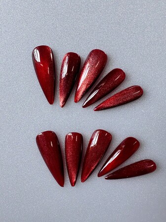 Red Stiletto Press-On Nails Handmade With Hand-Painted Cat Eye Effect, Minimalist Elegant Design & Timeless Classic Style - Full Cover Artificial DIY Glitter False Nails For Daily Wear, Office, Cocktail Parties, Weddings, Date Nights, Festive Celebrations, Vacations & Formal Occasions - 10 Pieces/Bag