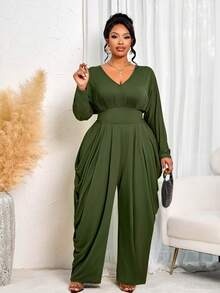 BIUBIU 女装大码秋冬休闲优雅V领长袖宽松阔腿裤，高弹针织绿色连体裤，适合居家/休闲/新年女装/万圣节 - 查看 4