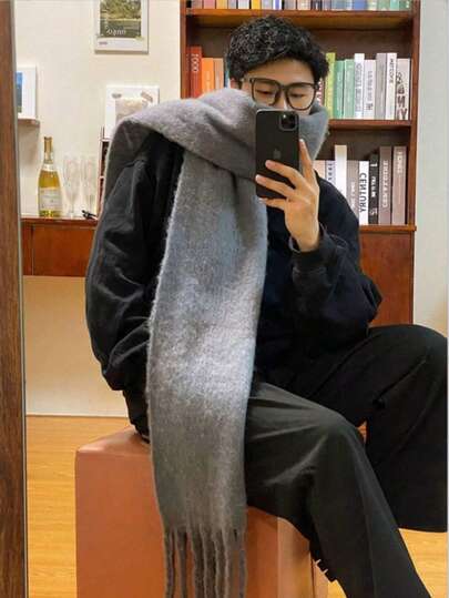 1pc Unisex Thick Solid Color Scarf, High-End Warm Fringed Long Scarf, Thick Warm Scarf Collar, Suitable For Spring, Autumn, Winter, Cold Weather, Casual Travel, Shopping And Daily Use