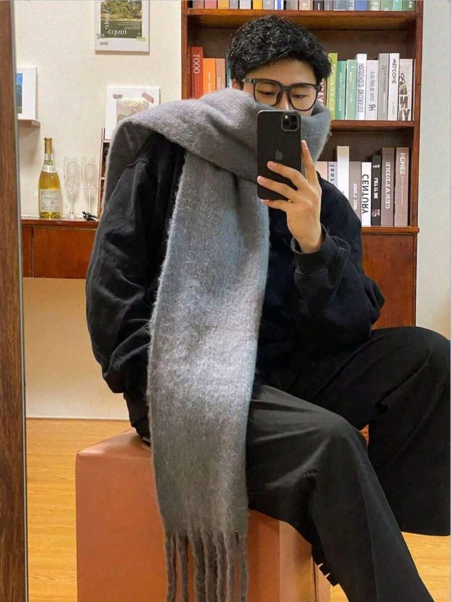 1pc Unisex Thick Solid Color Scarf, High-End Warm Fringed Long Scarf, Thick Warm Scarf Collar, Suitable For Spring, Autumn, Winter, Cold Weather, Casual Travel, Shopping And Daily Use