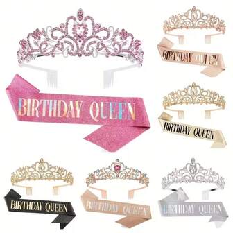 2pcs Birthday Party Supplies - Crystal Diamond Crown And Birthday Queen Sash, Suitable For Birthday Gifts And Party Decorations