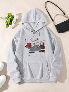可爱腊肠犬印花连帽卫衣，萌趣动物图案上衣，带抽绳帽兜，口袋，长袖针织面料，保暖内衬，女士卫衣，套头衫，卫衣，女款，秋冬季，舒适宽松版型，日常穿着，女士冬季，女士冬季，连帽卫衣，秋冬季大码女装 - 淺灰色 - 查看 3