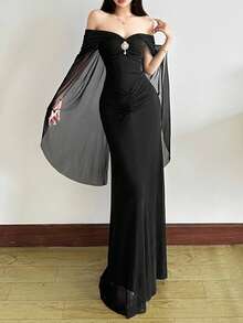 Rochie de seară sexy pentru femei, cu umeri goi, lungă, din plasă, cu model patchwork, talie înaltă, cu umeri goi, pentru petreceri și ocazii speciale, carnavaluri, vacanță, stradă - Negru - Vizualizare 2