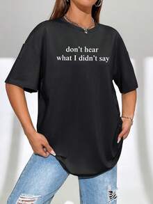 女款夏季《听不见我没说的话》图形印花圆领短袖简约休闲日常T恤上衣，自闭症女性上衣，女士夏季服装，夏季上衣 - 黑色 - 查看 2
