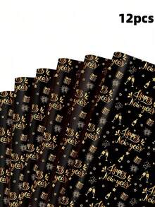 12pcs Black Gold New Year Wrapping Paper Sheets Happy New Year Craft Wrapping Paper Gift Wrap For Wedding Birthday DIY Craft Gift Wrap - Multicolor - View 8
