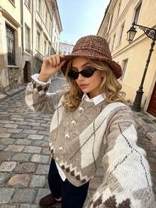 Women's Color-Block Diamond-Patterned Top, Round-Neck Long-Sleeved Button-Up Sweater, Casual And Fashionable Streetwear, Suitable For All Seasons And Highly Popular, Cardigan Women, Women's Outwear Tops