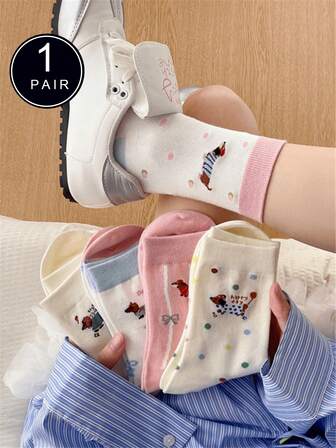 1 Pair Cute Cartoon Dachshund Socks For Women, Versatile Star Polka Dot Bow Pattern Personalized Mid-Calf Socks, Soft & Comfortable, Suitable For Daily, Casual, Sports, Holidays