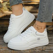 新款女士白色休闲运动鞋，轻便、软底、稳固、厚底、低帮系带圆头，运动鞋，时尚校园风跑步鞋 - 灰色 - 查看 16