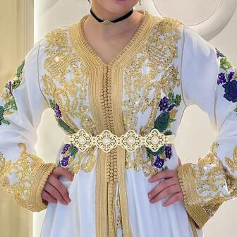 1 pieza Elegante y lujoso cinturón de cintura marroquí/argelino para mujer para Año Nuevo, con patrón floral hueco, faja de bata de novia árabe con cordón de borlas hecho a mano, adecuado para banquete de boda tradicional