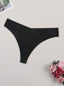 Women's Sexy Soft Comfortable Printed Thong Panties, Daily Underwear, Black - Black - View 2