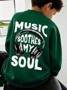 青少年男童休闲简约酷炫音乐设计耳机印花圆领长袖卫衣秋冬儿童服装男童 - 墨綠色 - 查看 9