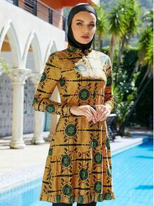 Stylish Women's Round Neck Burkini Swimwear Featuring Zipper And High Waist Bottom, Crafted From High Stretch Fabric With Unique Pattern - Yellow - View 7