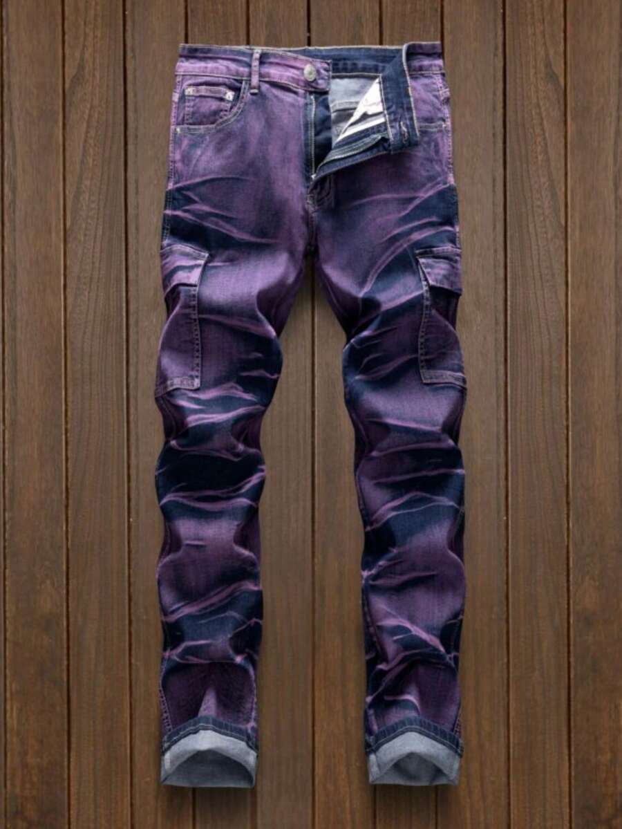 Y2K Jeans Men's Color Block Denim Pants, Gradient Multi-Pocket Jeans, Two-Tone Washed Street Style Versatile Jeans, Mid-Rise Stretch Slim Fit Classic Five-Pocket Design, All-Season Wear, Elastic Fabric Suitable For Machine Wash - 紫色 - 查看 1