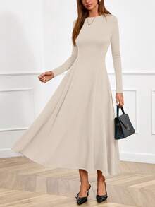 Women Fall Dresses Boat Neck Long Sleeve High Waist A-Line Flowy Knit Party Maxi Dress Spring Autumn Evening Formal Wedding Party Valentine Long Dress Outfits - 米色 - 查看 2