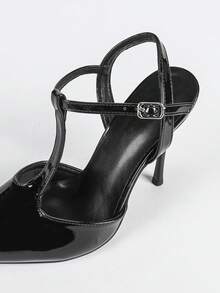 Women's Black Pointed Toe T-Strap Sexy Party Elegant Formal Daily Minimalist Comfortable Versatile Hollow Out Stiletto High Heels - Black - View 7