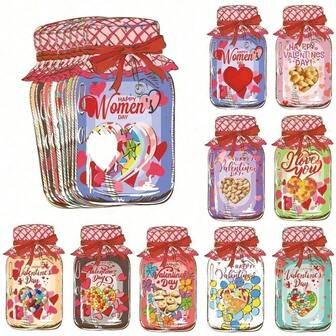 48/24/18/9pcs Valentine's Day Candy Gift Jar, DIY Kraft Paper Mason Jar Design, Heart-Shaped Pattern Holiday Theme, Perfect For Classroom Party Gifts, Fun Gift Exchange Cards, Perfect For Valentine's Day, Birthdays, Anniversaries, Weddings - Candy Free, Valentine's Day Decoration