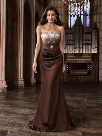 QOQ Stylish Women Hot Drill Formal Dress Upscale Rhinestone Diamond Embellishment Evening Gown For Charity Prom, Dinner, Galas, Homecoming Gradient Color Sleeveless Backless Slim Maxi Long Dresses