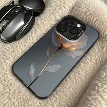 Funda de Teléfono Diseño Floral Gris Con Tallo y Hojas Doradas Para iPhone 14 15 Pro Max  Galaxy S23 S24 Plus Opción de Regalo Ideal Para Todas las Estaciones - Plateado - Ver 5