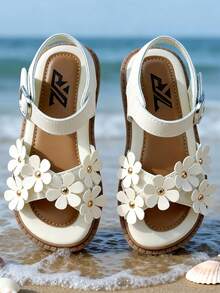 Girls Adjustable Sandals Kids Flats Summer Open Toe 3D Daisy Flower Cross Straps With Gold Center Button And Hook And Loop For 3-12 Years Old - Beige - View 6