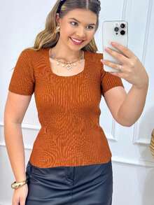 Women's Basic Ribbed Knit Short Sleeve Casual Square Neck Blouse - Adobe - 查看 1
