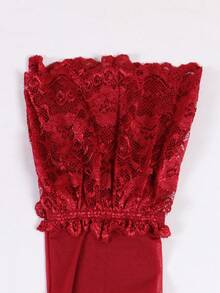 花卉蕾丝吊袜带内衣套装 - 紅色 - 查看 7