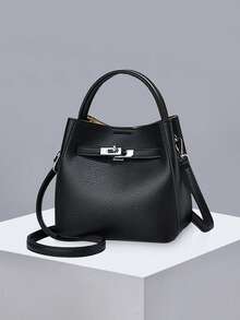 Classic Black Litchi Texture 3-In-1 Bag, Metal Buckle Decor Handbag, Durable And Versatile, Large Capacity, Multi-Way Carrying Suitable For Various Occasions, Ideal For Daily Street Style And Commuting - Black - View 6