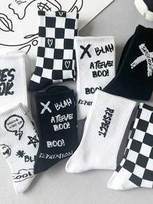 8双随机颜色格子、涂鸦、字母印花趣味青少年长袜，时尚街头风，适合12-16岁女孩，春秋季