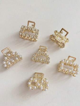 6pcs/Set Women's Metal Faux Pearl & Rhinestone Hair Claw Clips