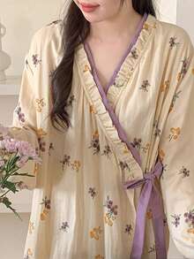 Damen Neue Leichte Frühlings-Nachtwäsche, Damen Kimono Stil Bademantel, Süßer Blume Muster, Langarm, Lila, Leicht, Lässige Homewear, Locker Sitzende Mode, Geeignet für Frühling & Sommer, Bademantel, Nachtwäsche, Nachthemd, Damen Geschenk, Muttertags Geschenk, Damen Bademantel - Verschiedenfarbig - Übersicht 3