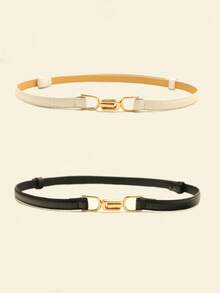 2pcs Women's Adjustable Double Buckle Decorative Belts, Minimalist Skinny Belts For Dresses, Suits, Sweaters, Korean Style - Black and White - View 5