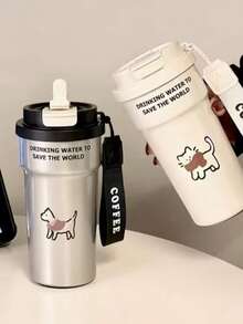 可爱猫狗图案不锈钢保温杯，带吸管，保温12小时，适合办公室、户外、运动等场合。 - 黑色 - 查看 2