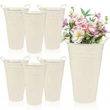 DMetal Vases For Flowers - 6 Pcs White Farmhouse Tall Flower Bucket With Handles Farmhouse Rustic French Tin Planter Buckets For Centerpieces Floral Display Wedding Garden Courtyard Table Decor - 白色 - 查看 1