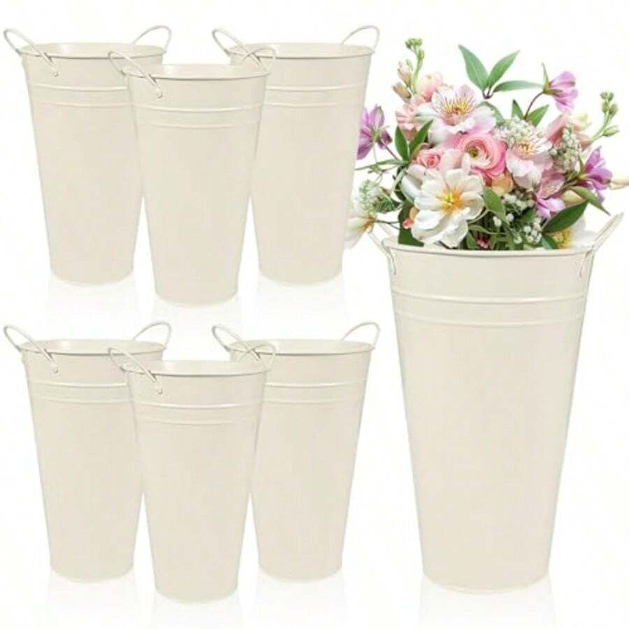 DMetal Vases For Flowers - 6 Pcs White Farmhouse Tall Flower Bucket With Handles Farmhouse Rustic French Tin Planter Buckets For Centerpieces Floral Display Wedding Garden Courtyard Table Decor - 白色 - 查看 1