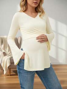 Maternity V-Neck Long Ruffle Sleeve Wrap Top, High Elasticity Polyester Fabric, Side Slit Hem - Apricot - View 7