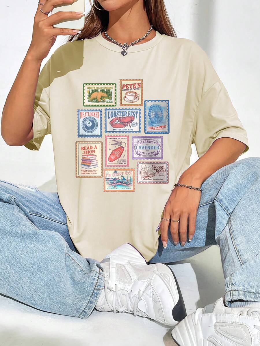 女式夏季书籍图案印花圆领短袖简约休闲日常大码T恤上衣 - 杏色 - 查看 1