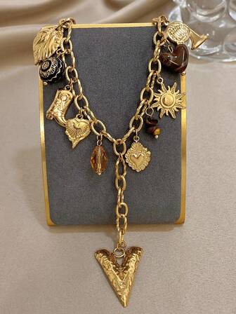 1 Pc Boho Chunky Heart Western Boot Sun Charm Pendant Necklace For Women Stainless Steel Chain Choker Necklace Daily Party Jewelry Christmas Gifts